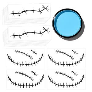 Halloween Scars Tattoo for Face Makeup Costume Black Fake Scar Horror Stitch Tattoos Temporary Accessories Blue Face Paint for Halloween Party Decor Body Cosplay Accessories (fake25)