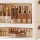 A stackable desktop organizer with drawers and compartments, ideal for storing cosmetics, beauty tools, jewelry, and school supplies in a student dorm. Features a convenient magnetic door handle.