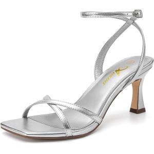 Athlefit Kitten Heels for Women Square Open Toe Strappy Heeled Sandals Ankle Strap Dress High Heels for Prom Party Wedding (7.5, Silver)
