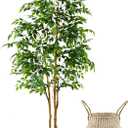 Artificial Ficus Tree, 7ft Silk Fake Ficus Leaves Plant with Basket, Indoor Outdoor Faux Green Tree for Home Garden Office House Livingroom Dcor