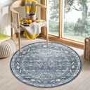 OPPODREAM Vintage Blue Round Rug 4ft, 4 ft Retro Washable Circle Rug Non Slip, Low-Pile Faux Wool Circular Carpet, Distressed Navy Floor Mat for Living Room, Bedroom, Office, Dorm, Dinning Room