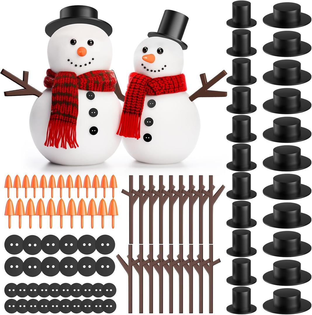 Outivity Snowman Kit for Crafts, 200PCS Snowman Craft for Kids, Snowman Decorating Kit Includes 120 Black Buttons, 20 Tiny Top Hats, 40 Tiny Hands, 20 Mini Carrot Noses