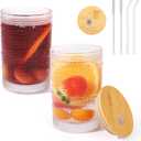 Hobnail Glass Cups with Lids and Straws, 16oz Embossed Drinking Glasses, Vintage Glassware for Iced Coffee, Soda, Gift for Women Men (highball-2)