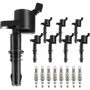 Ignition Coil Pack & Spark Plugs Replacement for 5.4 V8 2004 2005 2006 2007 2008 Ford Lincoln Expedition F150 F250 Super Duty Expedition Explorer Mustang 5.4L, FD508 DG511, Black Boot, Pack of 8