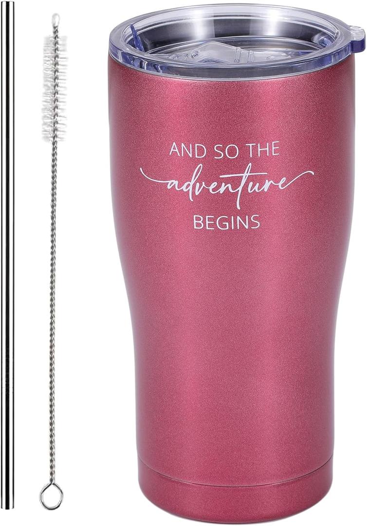 And so the Adventure Begins Tumbler for Graduation, New Job Coffee Travel Mug - Vacuum Insulated Stainless Steel Cup with Straw for Going Away Gifts (Rose Gold)