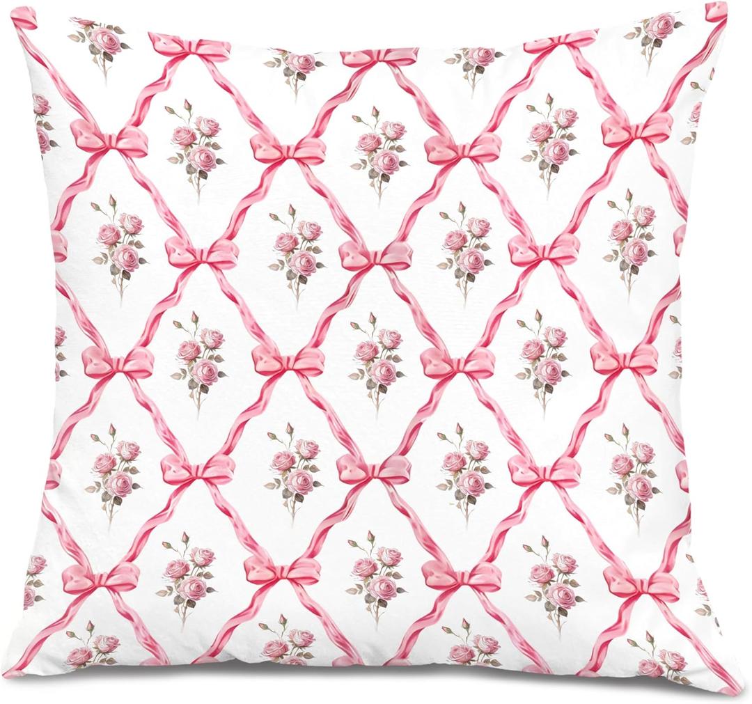 Coquette Pink Bow Floral Pillow Covers 18x18, Coquette Preppy Girly Room Decor, Aesthetic Pink Ribbon Bow Flower Decorative Throw Pillow Covers for Girls Bedroom Dorm