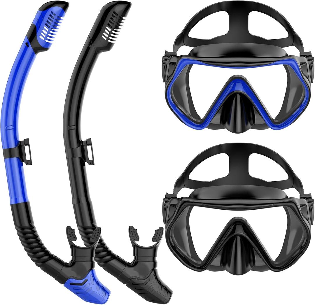 Snorkeling Gear for Adults, Adult Snorkel Mask Set Scuba Diving Dry-Top, Swimming Goggles w/Nose Cover, HD Tempered Glass Panoramic Anti-Leak Anti-Fog, Travel Snorkeling Packages, 2 Pack (Black+Blue)
