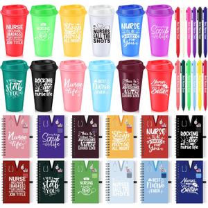 36 Pcs Nurse Appreciation Gifts Bulk 16 oz Plastic Coffee Cups Reusable Tumblers with Lid Inspirational Notebooks Pens Thank You Gifts for Nurse Women(Bright Color,Cute Style)
