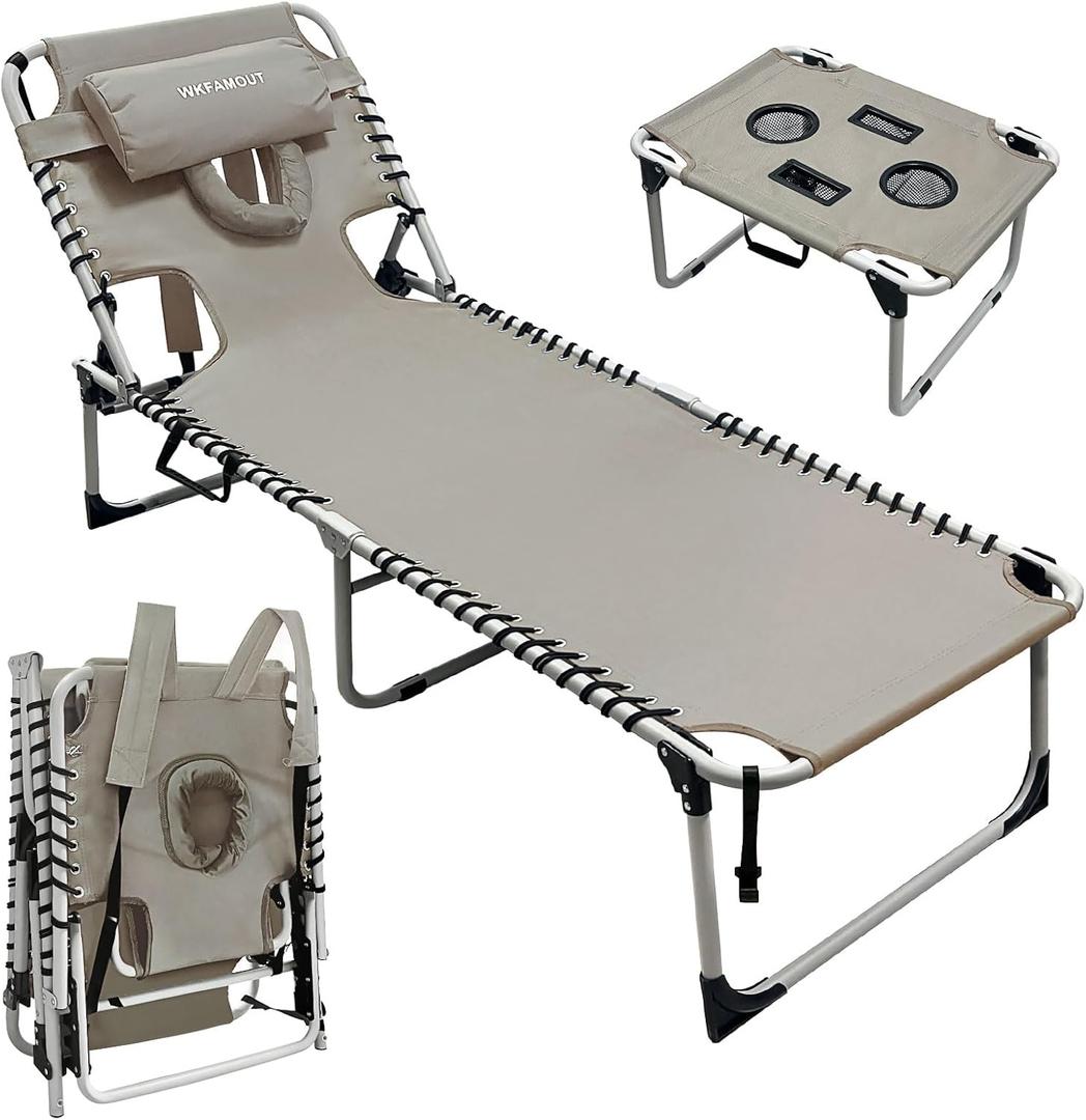 Backpack Sun Tanning Chair with Face Hole & Beach Table, 5-Position Adjustable Folding Lounge Chair Outdoor for Lawn Patio Garden, 74.8"*23.23"