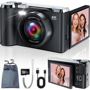 JDZ 4K Digital Camera for Photography and Video, 56MP Autofocus Vlogging Camera for YouTube, 3'' 180 Flip Screen, 16X Zoom, Flash, Compact Travel Camera with 32GB Card for Beginners (Black)
