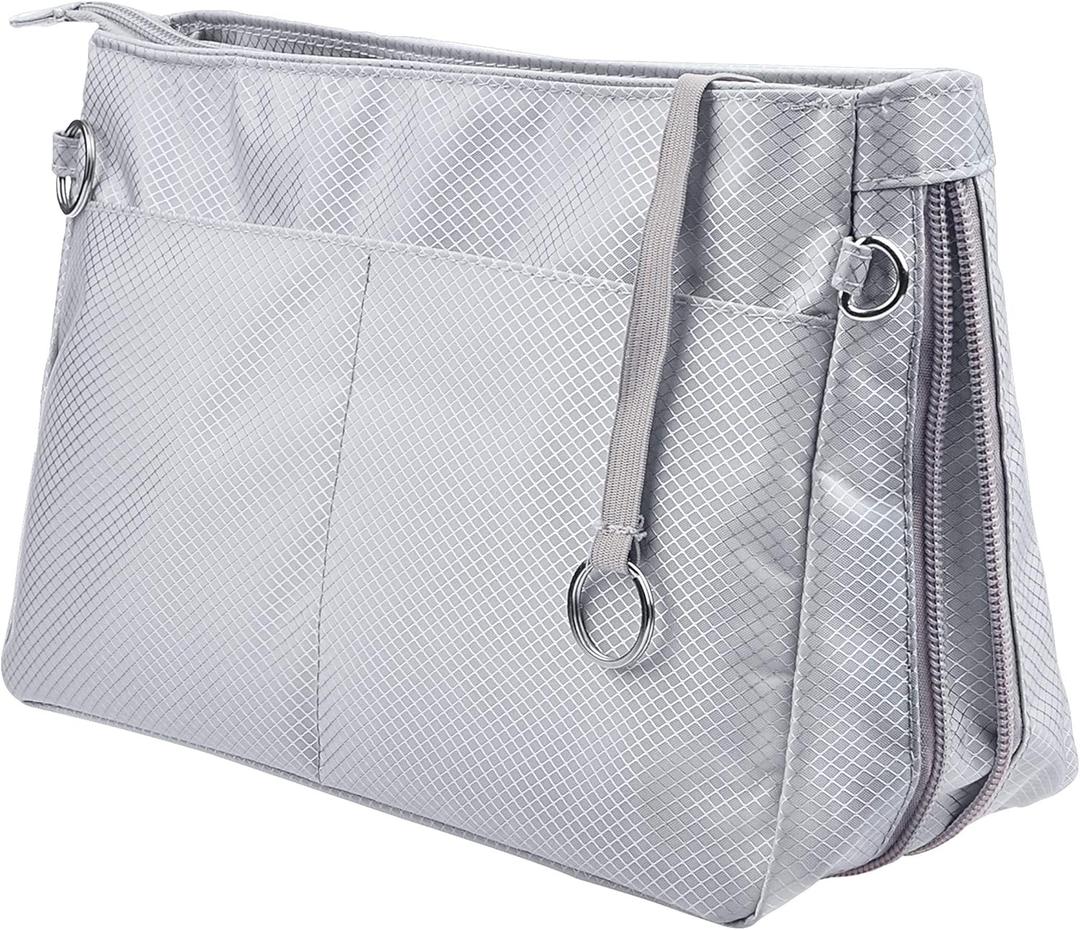 Vercord Expandable Nylon Handbag Purse Organizer Insert Liner Shaper Bag in Bag Beige Grey, Large