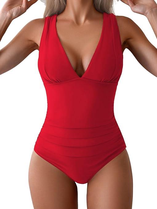 One Piece Swimsuit Women Tummy Control Cross Back Bathing Suit V Neck Adjustable Straps Ruched Swimwear (Medium, Red)