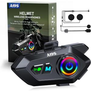 A19S Motorcycle Helmet Bluetooth Headset,2-Way 1KM Intercom,DSP Noise Cancellation,IPX7 Waterproof,BT5.4 Helmet Headphone,Music Sharing Dual Phone Connect for Harley/Dirt Bike/ATV/Snowmobile