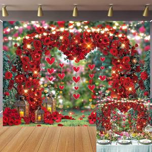Red Rose Flowers Backdrop Sweet Floral Heart Light Photography Background for Valentines Day Wedding Anniversary Mother's Day Party Decorations Banner (8x6FT240x180cm)