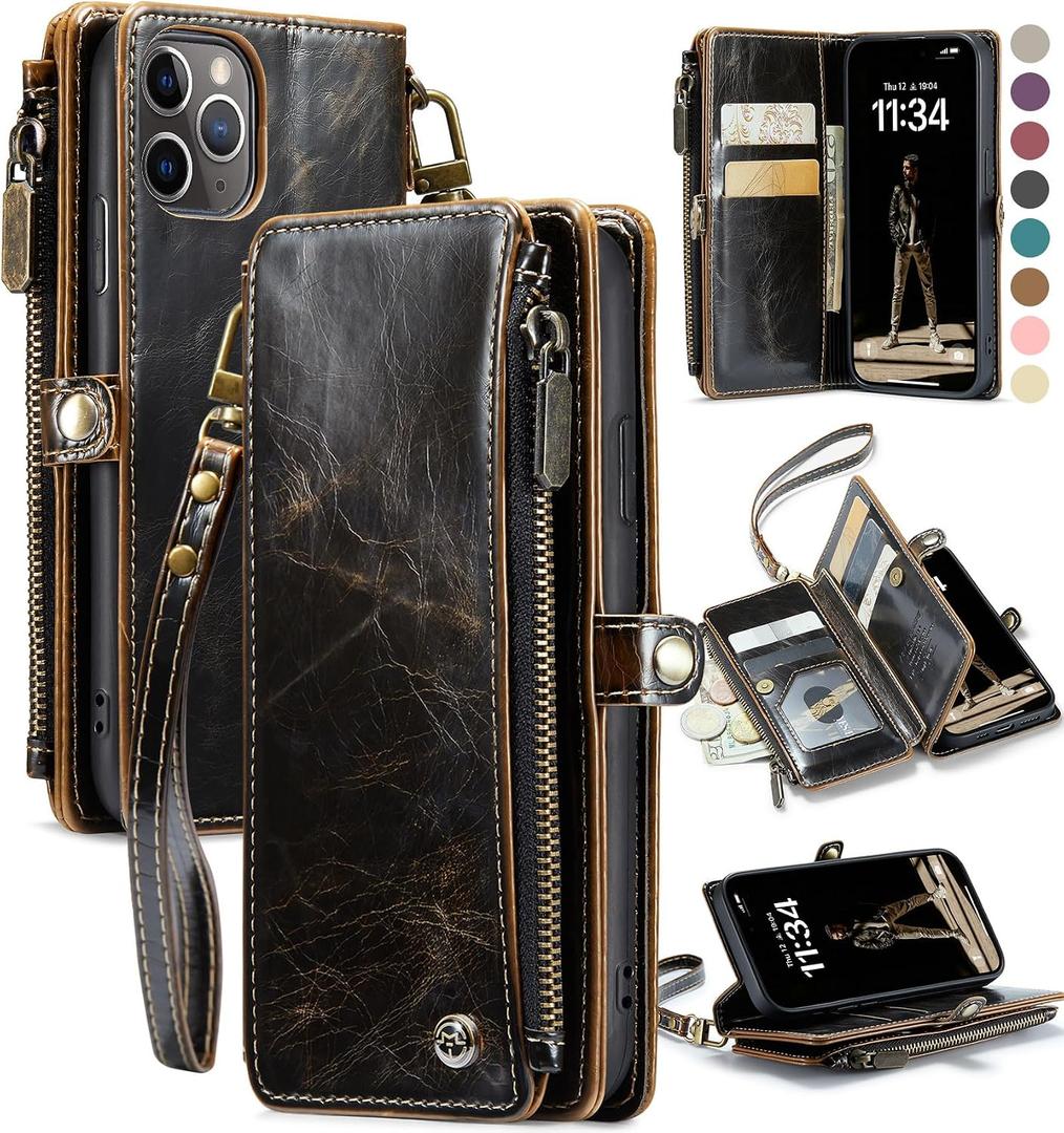 Defencase Compatible with iPhone 11 Pro Case Wallet with RFID Blocking Card Holder for Women Men, Soft PU Leather Magnetic Snap Flip Zipper Strap Wallet Phone Case Fit for iPhone 11 Pro 5.8", Coffee