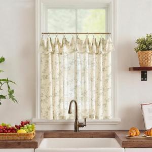 jinchan Floral Linen Kitchen Curtains with Attached Valance 36 Inch Length Farmhouse Cafe Tier Curtains for Living Room Bathroom Rustic Half Window Light Filtering Small Drapes 2 Panels Green
