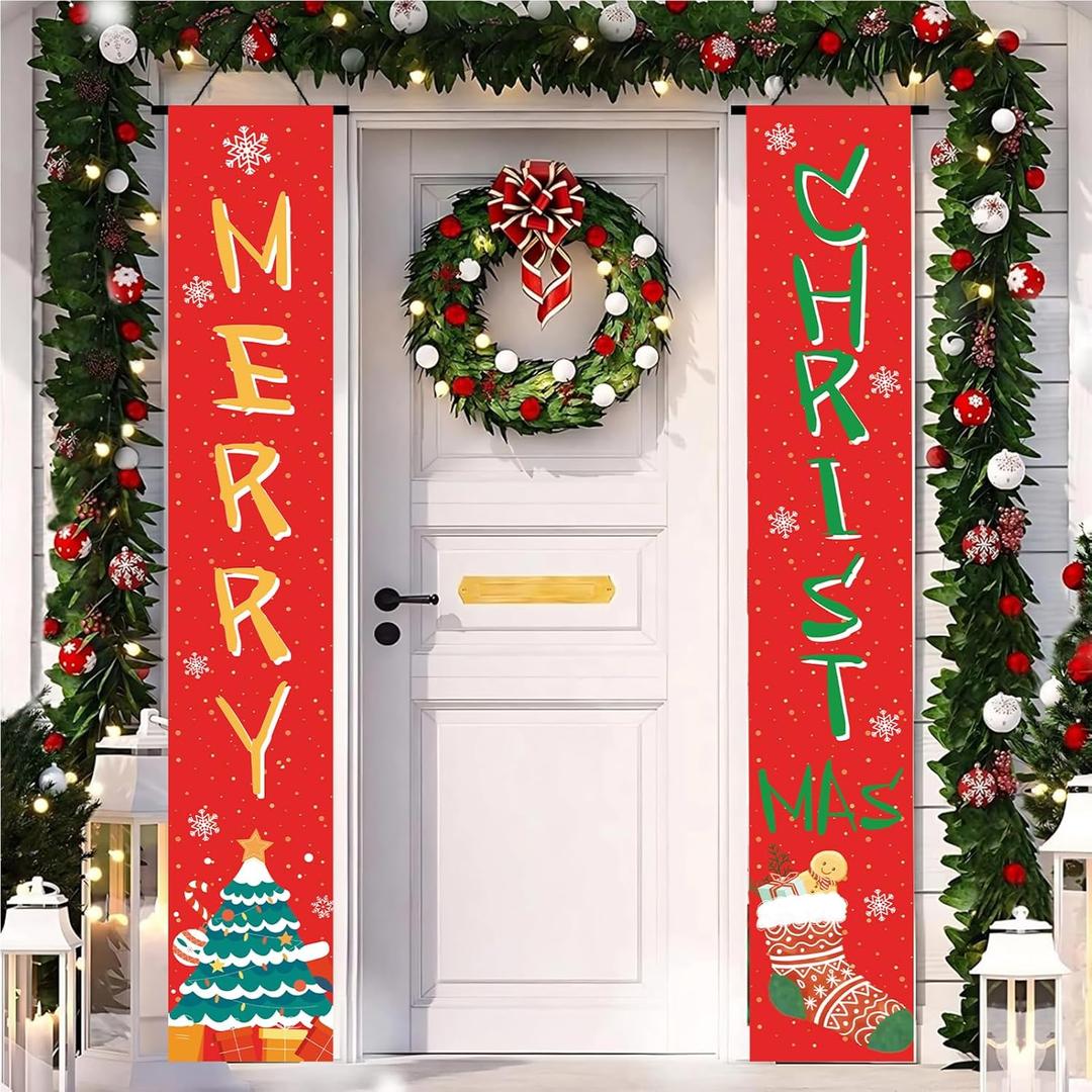 2 x Christmas Decorations Porch Banner, Xmas Yard Front Door Decor,Porch Sign Set Wall Hanging Outdoor Christmas Decoration and Supplies for Home Party Holiday Office -12 x 71 inch (Red 02)