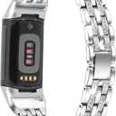 Bling Bands Compatible with Fitbit Charge 6/Charge 5, Metal Bracelet Luxurious Rhinestone Replacement Wristband for Women, Silver Black Gold