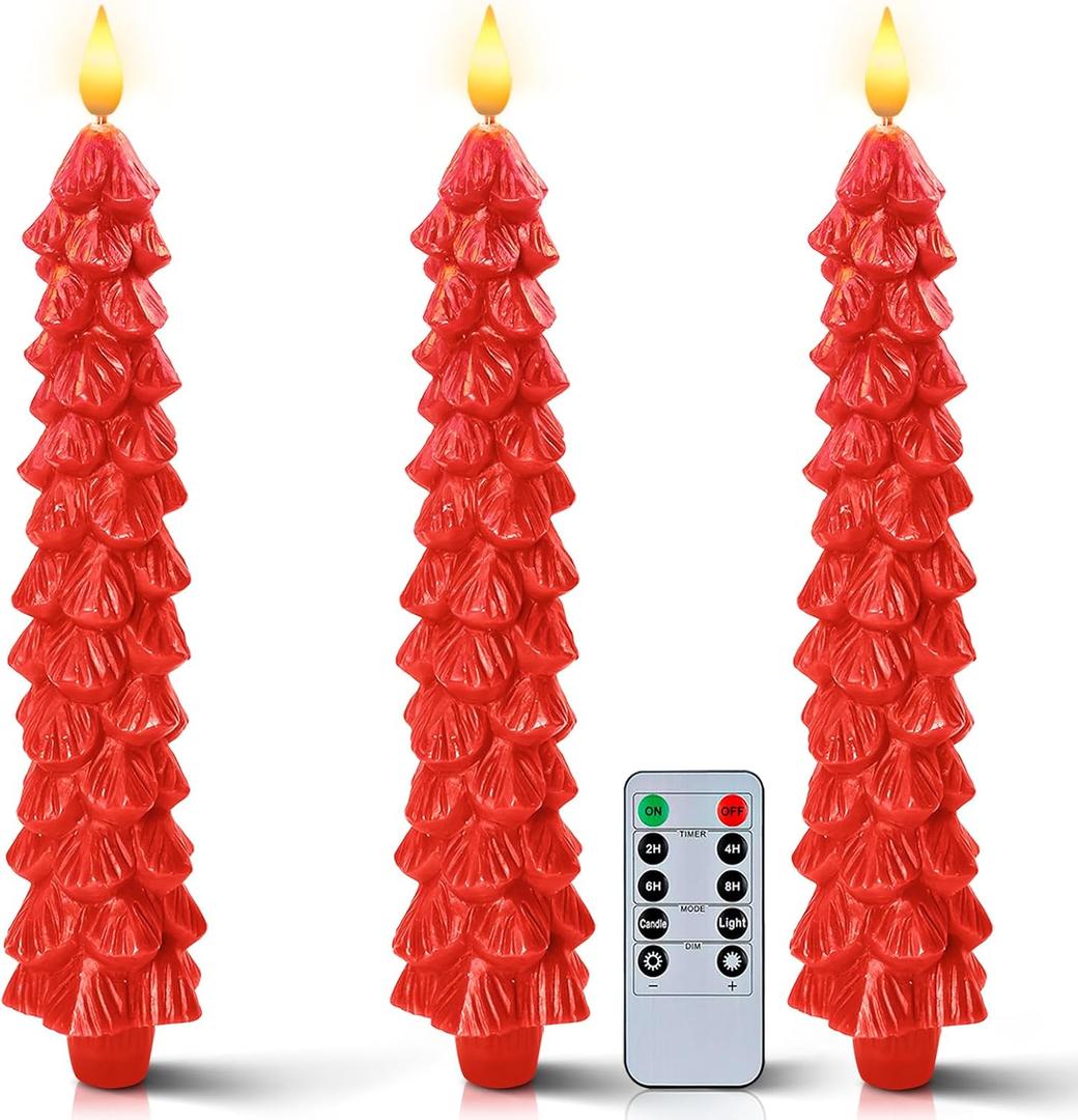 Homemory 3 Pcs Christmas Tree Candles with Remote, Waxy Flameless Taper Candles Flickering, Red LED Candlesticks Battery Operated for New Year Celebration Holiday Decorations 9.7 Inches