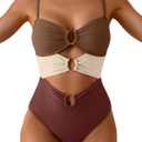 Eomenie One Piece Swimsuit for Women Ring Linked Monokini Sexy Bathing Suit Cutout Swim Suit (Medium, Dark Brown Color Block)