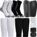 2 Pair Kids Grip Soccer Socks and 2 Pair Shin Guard Sleeves,1 Pack Shin Guards and 4 Shin Straps for Soccer Football Sports (Medium, White/Black)