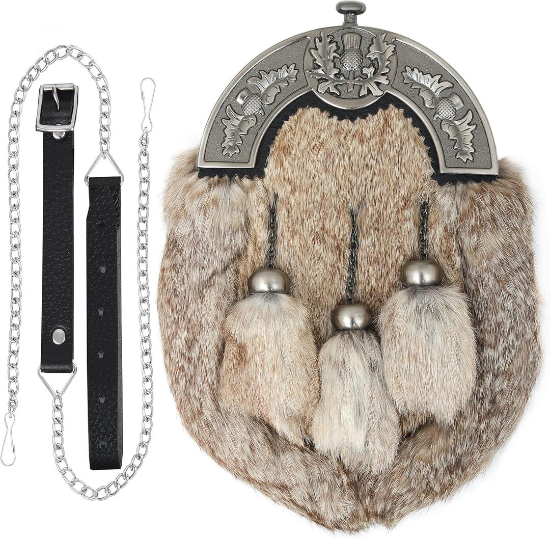 Scottish Hand Made Geuine Leather Full Dress Sporran for Kilts-Sporran for Men-Kilt Aceessory (Brown Rabbit Fur With Thistle Antique Cantle)