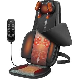 Flekzo Shiatsu Back Massager Chair Pad with 4-Zone Heat, Deep Tissue Kneading & Rolling, 6-Point Finger-Grip Neck & Back Massage, Adjustable Height, Office Chair & Recliner Seat Cushion, Black