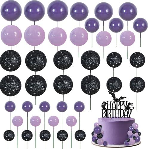 BEISHIDA 42 Pcs Cake Topper with Mini Balls, Halloween Cake Toppers, Cake Decorations for Halloween Birthday Party, Wednesday Theme Party Decor (Black, Purple)