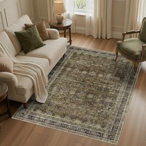 WITSHOCK 5x7 Olive Green Rug for Living Room: Modern Vintage Boho Moody Retro Antique Farmhouse, Non-Slip Low Pile Stain Resistant Brown Rugs for Bedroom Nursery Dining Under Table Lounge