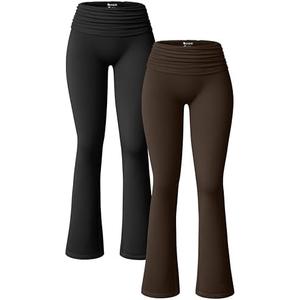 OQQ Women's Flared Pants Ribbed Fold Over Kick Ruched Stretch High Waist Casual Wide Leg Pair of One, Brown M (One Pc Missing)