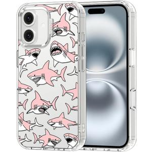 MOSNOVO Case for iPhone 16 Plus, [Buffertech 6.6ft Military-Grade Drop Protection] [Anti Peel Off Tech] Clear TPU Bumper Phone Case Cover Design - Pink Sharks