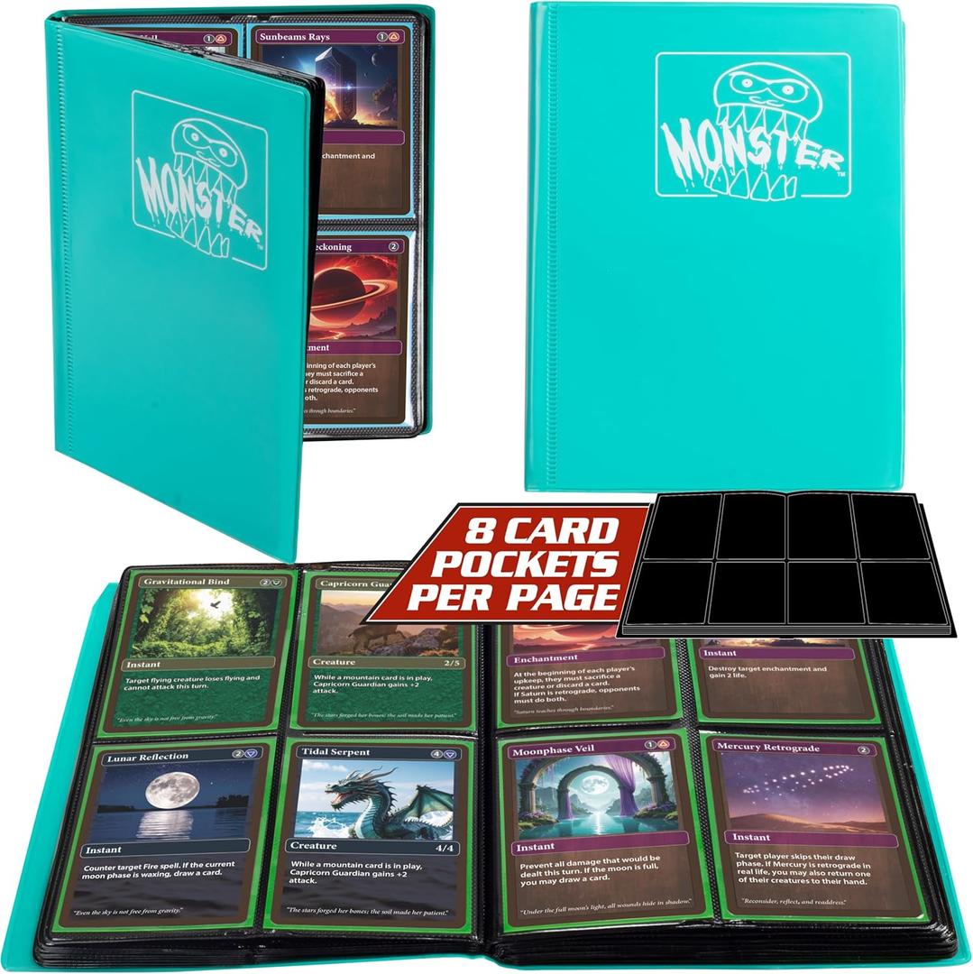 Monster 4 Pocket Trading Card Album -Matte Teal Binder, Anti-Theft & Anti-Drop TCG Protection w Side Loading Pockets, Holds 160 Cards-Compatible with Yugioh, Pokemon, MTG Magic the Gathering Cards