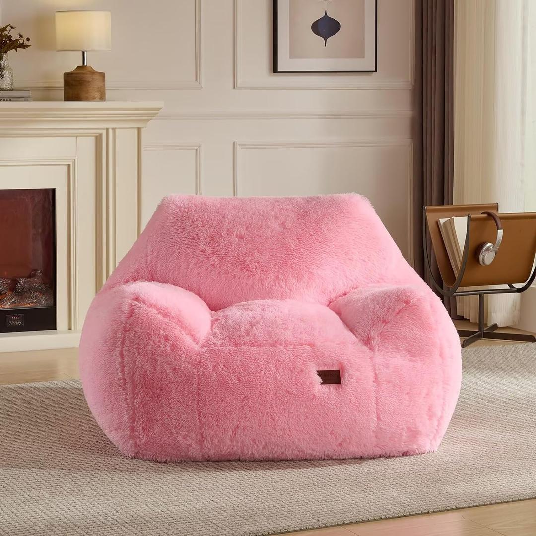 Oversized Fluffy Bean Bag Chair with Armrests, Giant Soft Plush Lazy Sofa, Comfortable Single Cloud Floor Couch for Adults, Accent Chair for Living Room Bedroom Dorm (Pink)