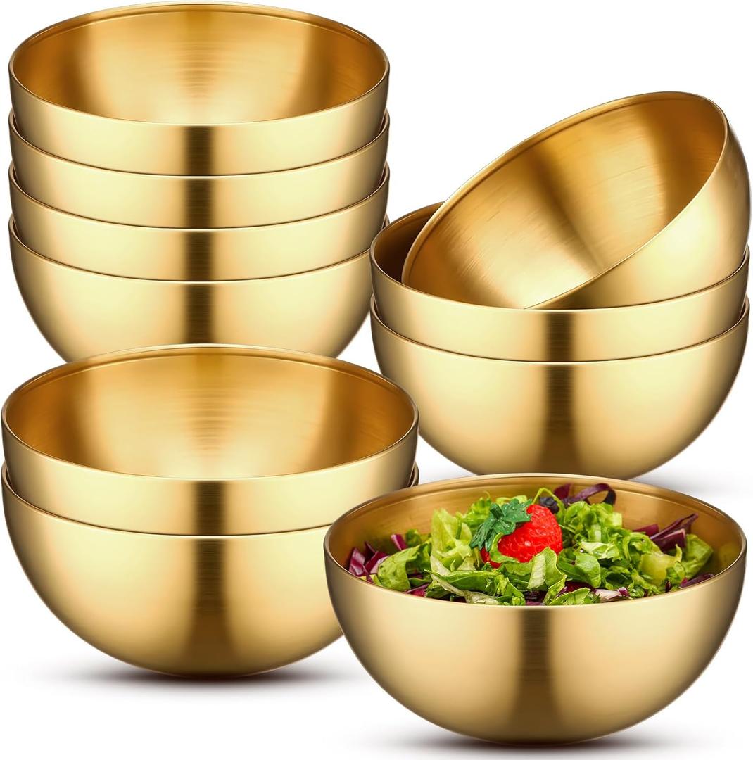 Nuogo 10 Pcs Gold Bowls 5.9 Inch Stainless Steel Mixing Bowls Decorative Esthetician Bowl for Facial Metal Serving Bowl for Holiday Birthday Party Wedding Baking Prepping Salad Fruit Soup