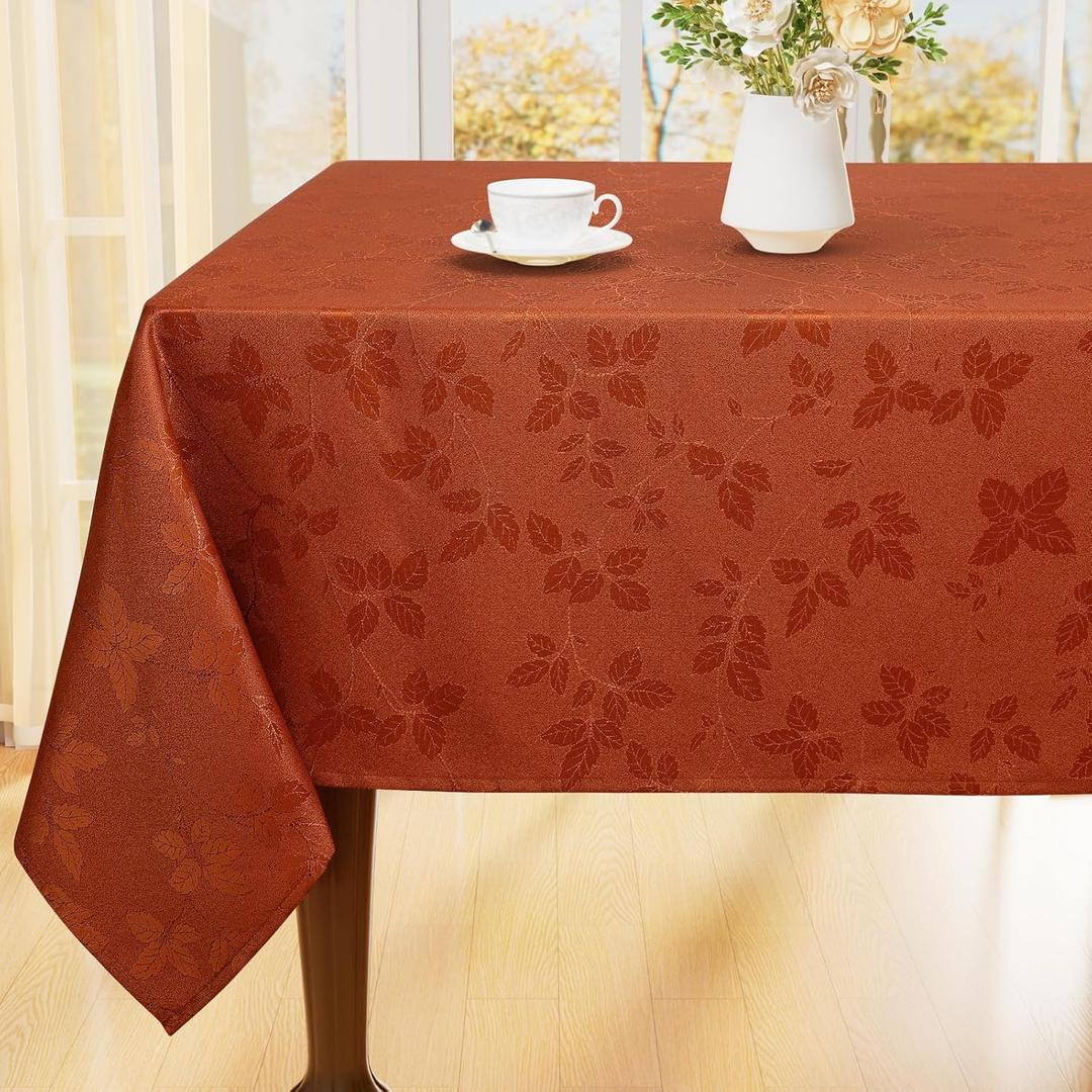 Thanksgiving Tablecloth Rectangle 52x70 Inch, Waterproof Fall Leaves Jacquard Table Cloth, Damask Fabric Table Covers for Harvest Parties, and Fall Decor, Rust/Burnt Orange