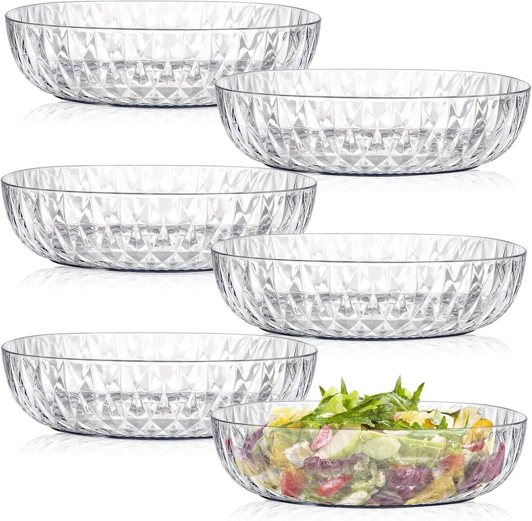 Fasmov 6 Pack Plastic Serving Bowls, Square Serving Bowls, 72 Ounce Large Elegant Diamond Pattern Plastic Bowls for Salad, Party Snack, Popcorn, Chip, Buffet, Candy, Fruit, Clear
