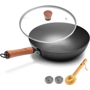 WANGYUANJI Carbon Steel Wok Pan 11 Inch - Round Bottom Traditional Pow Wok (Requires Gas Stove & Wok Ring) - No Coating Hand Hammered Stir Fry Pan with Lid & Detachable Handle