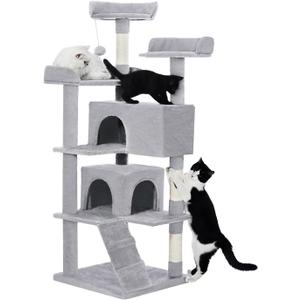 Made4Pets Cat Tree Tower 56in Cat Tower for Indoor Cats Kitten Tree Multi-Level Cat Tree with 2 Condo Furniture Activity Center with Scratching Posts Funny Toys Kittens Pet Play House, Light Grey