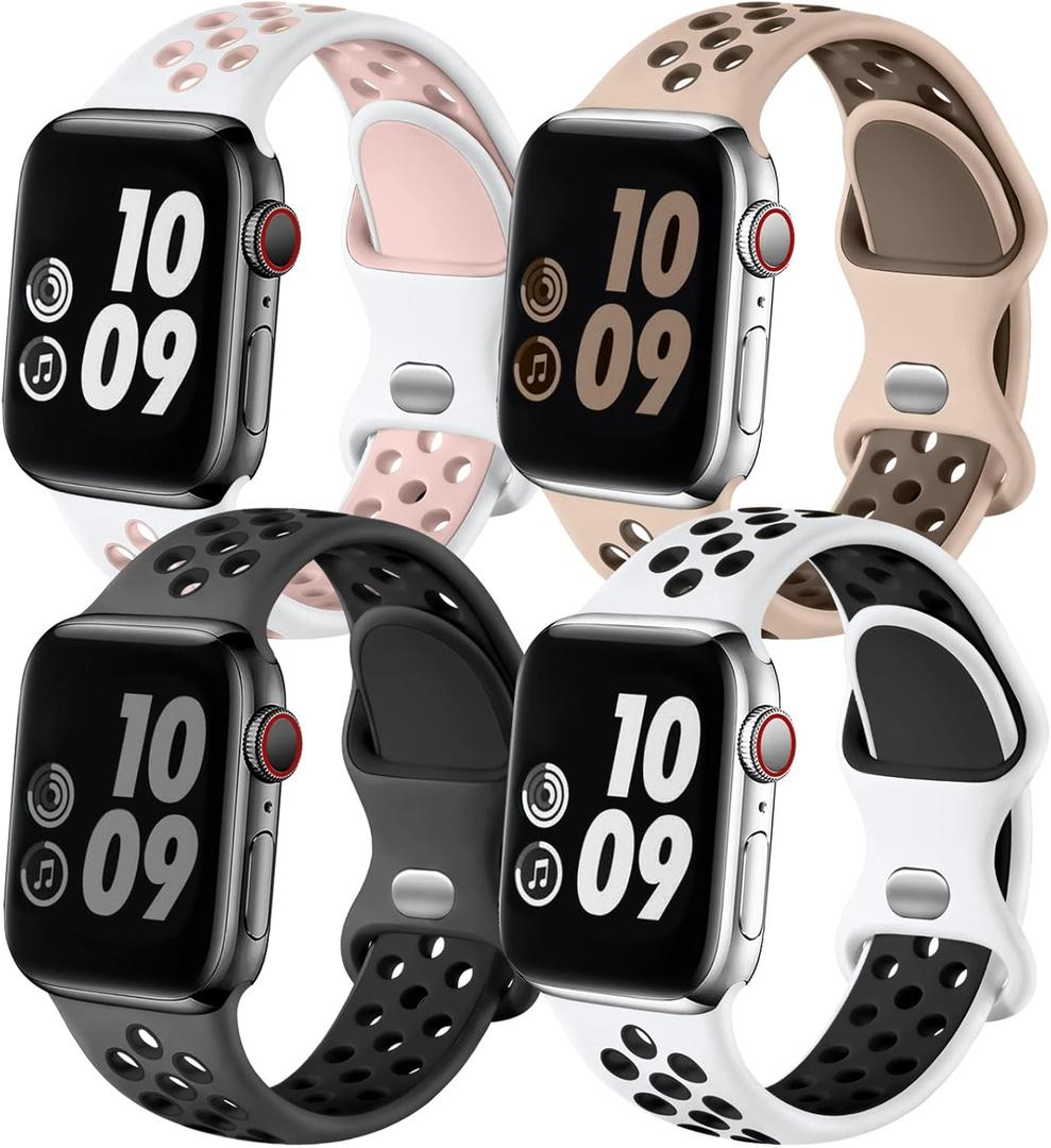 Adorve 4 Pack Sport Bands Compatible with Apple Watch Bands for Men Women 49mm 46mm 45mm 44mm 42mm 41mm 40mm 38mm,Breathable Soft Silicone Strap for iWatch Band Series 11 10 SE Ultra 9 8 7 6 5 4 3 2 1 (WhitePink/PinkBrown/WhiteBlack/AnthraciteBlack)