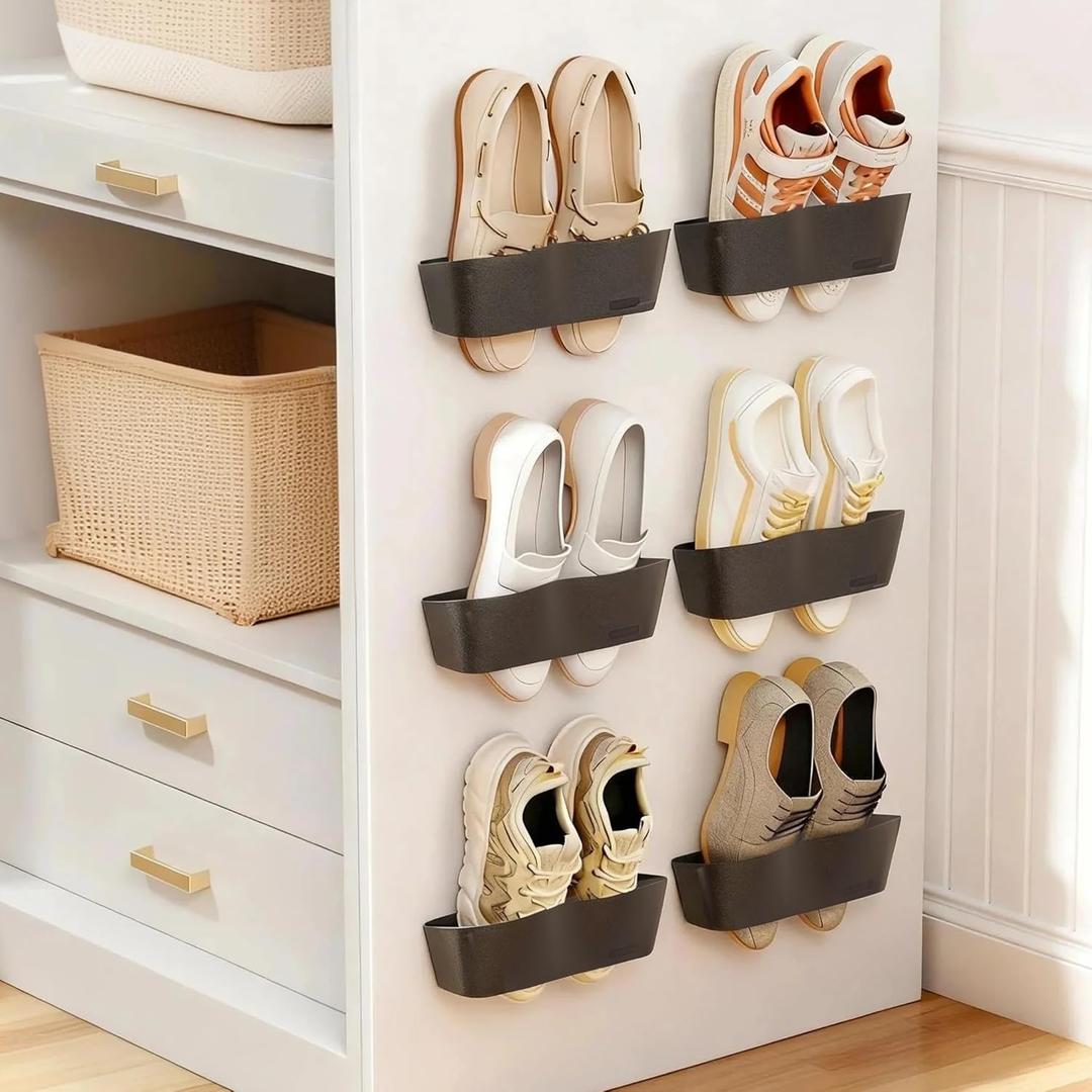 6-Pack Wall Mounted Shoe Rack with Sticky Strips, Space Saving Hanging Shoe Rack, No-Drill Hanging Shoe Shelves, Ideal for RV, Campers, Door, Closet (Black)