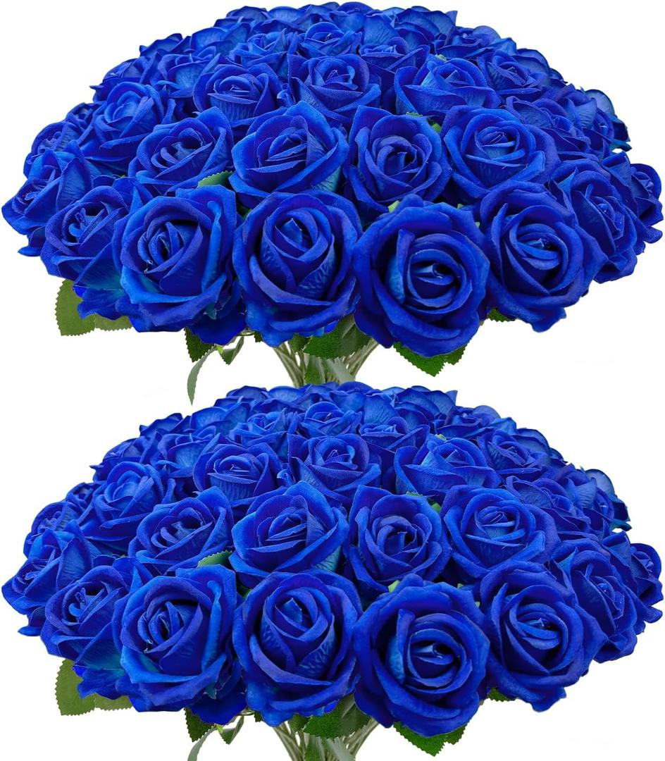 Wondrus Bulk Artificial Flowers 50 PCS, Fake Velvet Silk Blue Roses with Long Stems Realistic Bouquet for Wedding Centerpieces, Faux Arrangement for Home Table Decor
