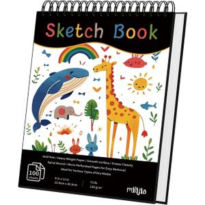 MLIJIA 9"x12" Sketchbook, HardCover with Zoo-Themed Hardbound Design, 100 Sheets(73lb/120gsm) with Tear-Out Pages, Art Supplies for Drawing, Art Class Students, Spiral Bound School Drawing Pad (Satind Black)