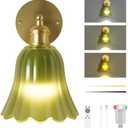 FULEN Battery Operated Wall Sconce with Green Tulip Glass Lampshade Wireless Sconces 10000mAh Rechargeable Battery Powered Wall Light with Remote Control for Vintage Decor Bedside Bedroom Livingroom