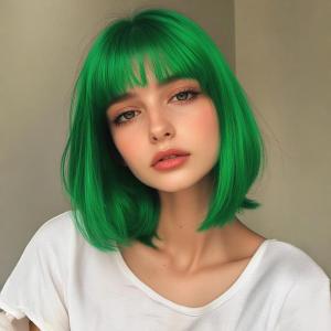 Quickwig Short Bob Wig with Bangs Green Wig Colored Wigs Heat Resistant Synthetic Wig 12 Inch Party Cosplay Halloween Wigs for Women