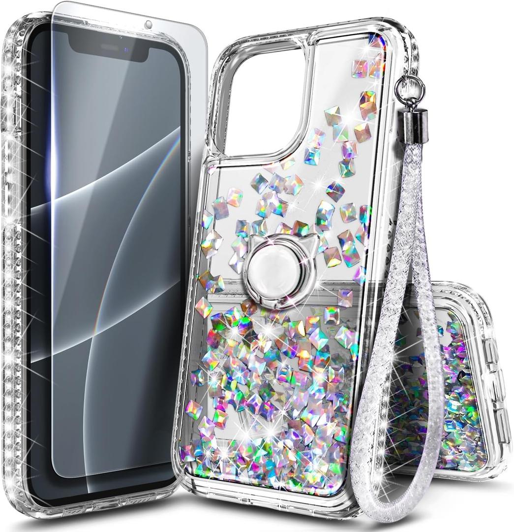 NGB Designed for iPhone 14 Pro Case, Crystal Gem | Glitter Liquid Sparkle Cute Cover for Women Girls Kids | with Tempered Glass Screen Protector & Ring Holder & Wrist Strap