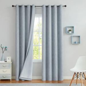 Blue Solid Full Blackout Curtain Panel Heavy Linen Texture Window Treatment for Bedroom Noise Reducing Thermal Insulated Drapes 8 Grommets Top for Living Room with Liner, Chambray Blue, 50"x102"x2