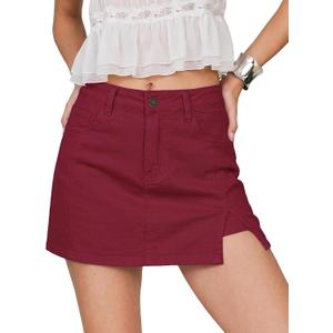 luvamia Skorts Skirts for Women Denim Mini Skirt Side Slit with High Waisted Jean Shorts Stretchy (Red, M)