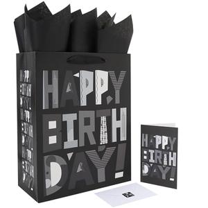 wishinside 13” Large Black Happy Birthday Gift Bag Set with Handles, Greeting Card, Tissue Papers and Stickers for Men Boys Kids Teens, Cartoon Design, 1 Pcs