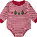 ZAXARRA Baby Christmas Sweatshirt Romper Striped Waffle Knit Jumpsuit Christmas Tree Embroidery Cute Boy Girl Holiday Outfit 12-18M