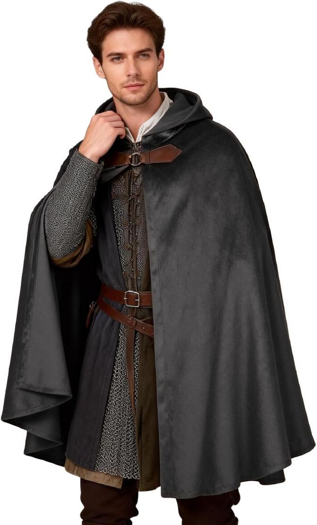 Adults Medieval Hooded Cloak for Renaissance Fair Halloween LARP | Hobbit Warrior Witch Wizard Knight Cosplay Cape, World Book Days Role-Play Costume, Comic-Con Outfit, Retro Masquerade Party (Black)